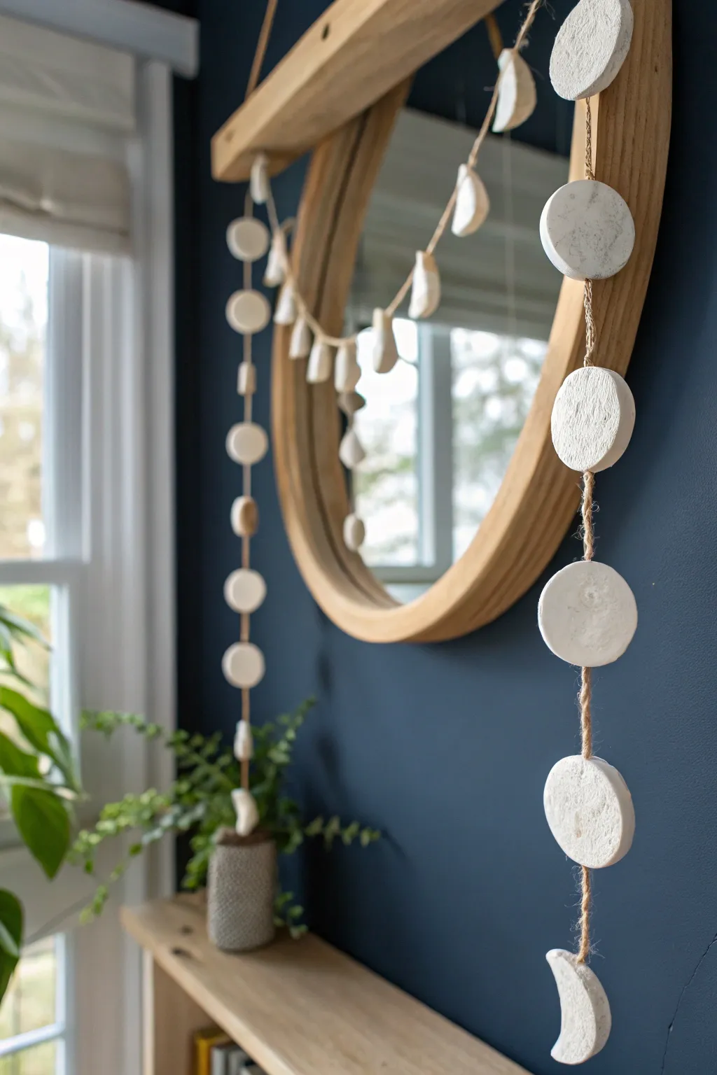 Dreamy clay moon phase garland in matte white, minimal boho decor with bold contrast.