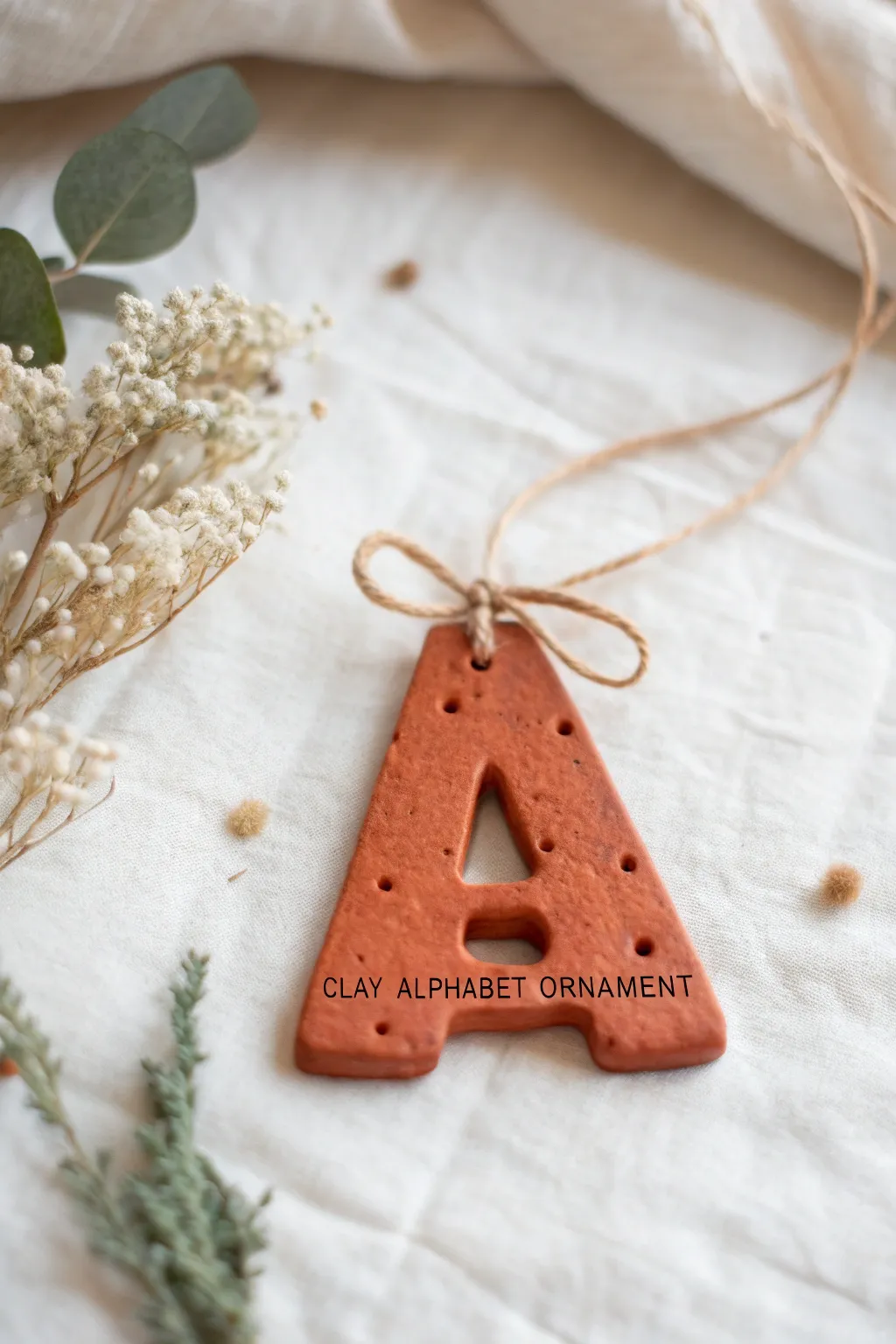Gift-ready clay alphabet ornament with stamped texture and ribbon loop in minimal boho styling.