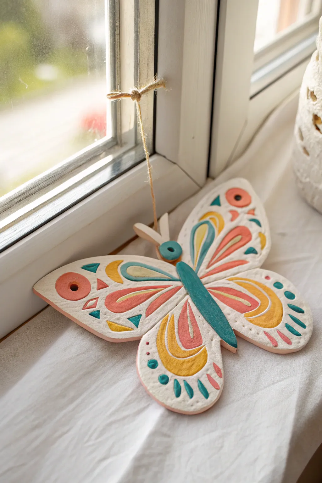 Bold painted clay butterfly wall hanging with kid-friendly patterns on a clean minimalist backdrop