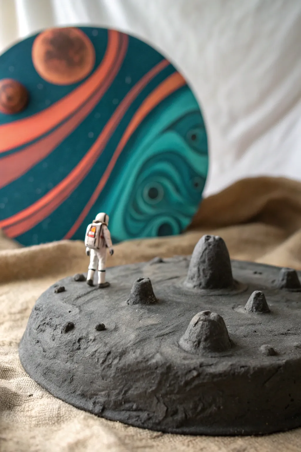 Clay space crater diorama with tiny rover and swirling planet backdrop, minimalist Scandinavian boho