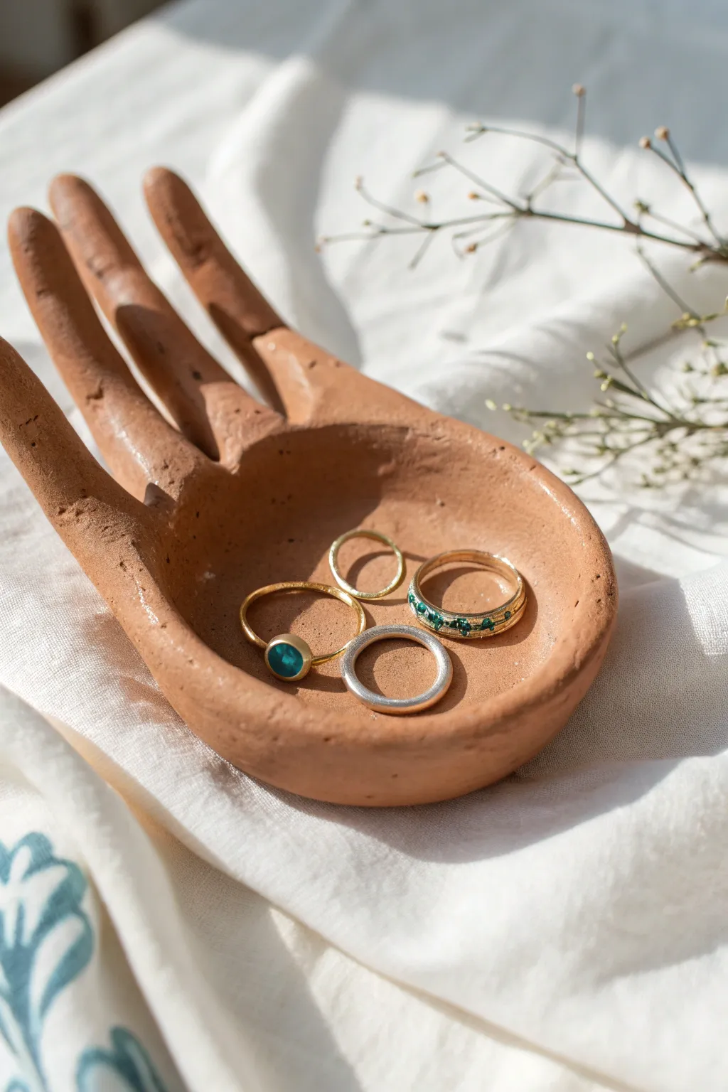 Hand-shaped clay ring dish in warm tones, a minimalist jewelry valet with bold accent color.