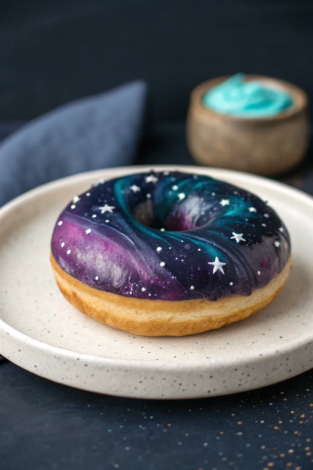 Make a galaxy clay donut: midnight glaze, star speckles, and a soft shimmer on a moody backdrop.