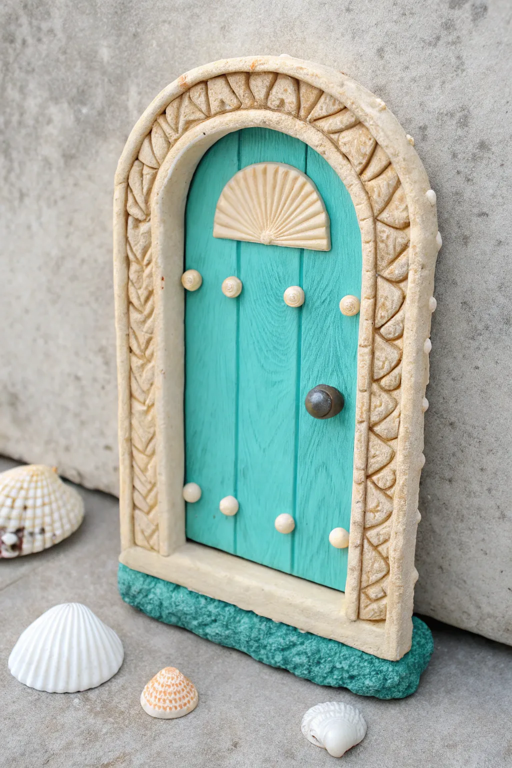 Underwater mermaid clay door in turquoise with shell details and a pearly knob, minimalist style