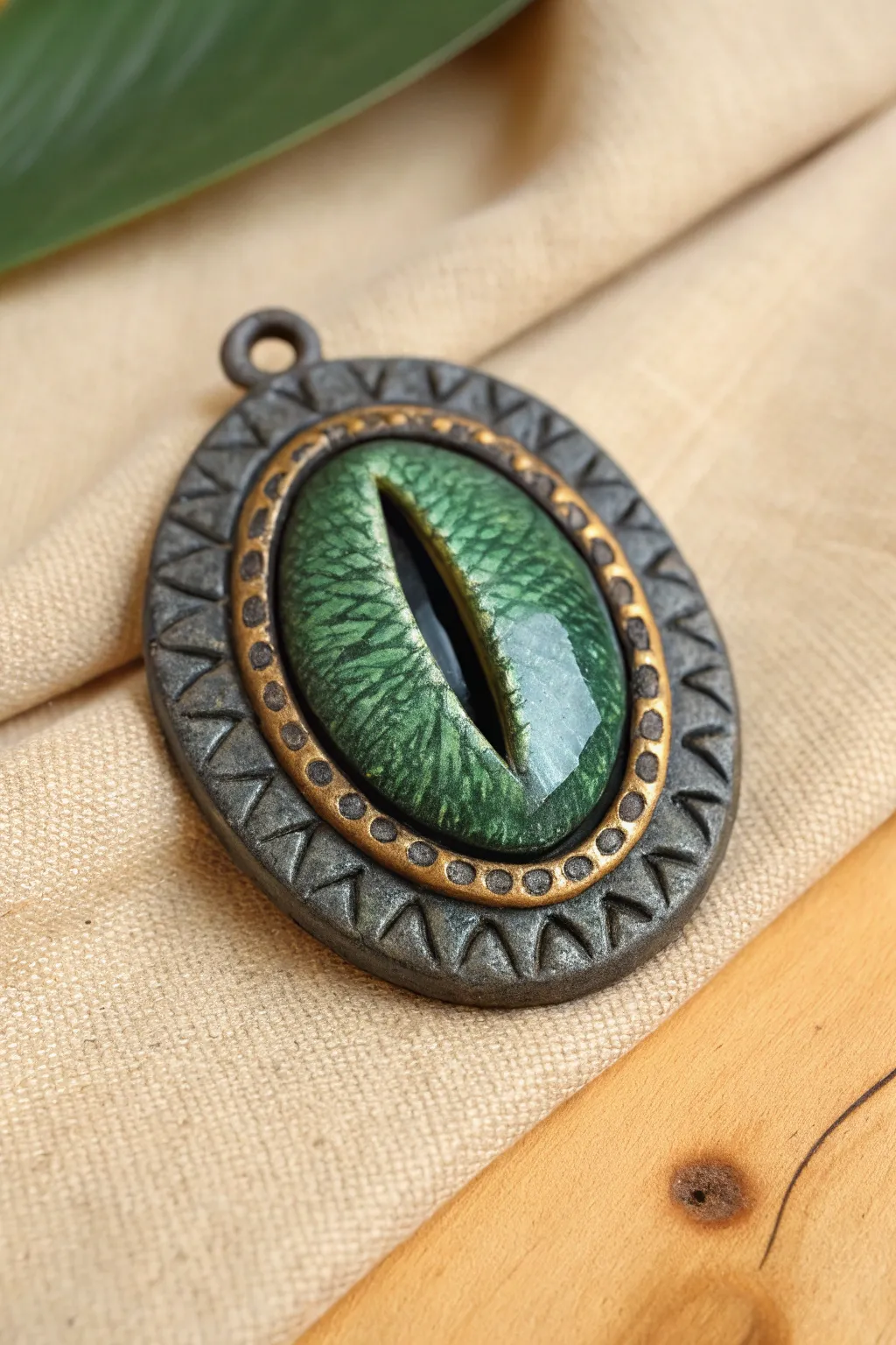 Mini dragon eye pendant plaque in emerald and gold, a bold yet minimalist clay charm.
