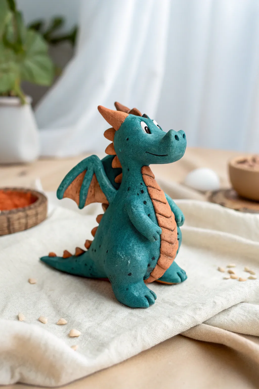 Stamped scales and a smooth belly make this clay dragon simple, bold, and beautifully tactile.