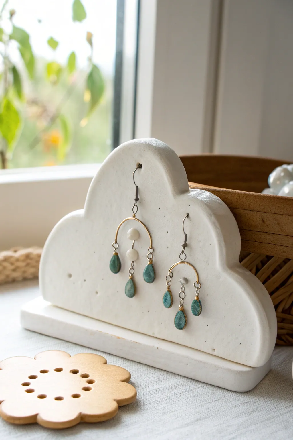 Dreamy cloud earring stand with raindrop slots in crisp matte clay and bold color accents.