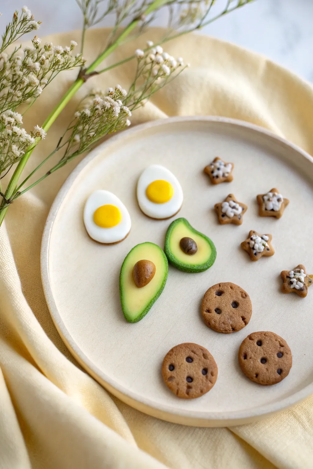Playful mini food clay studs in a tidy grid, bold colors on a clean Scandinavian backdrop.