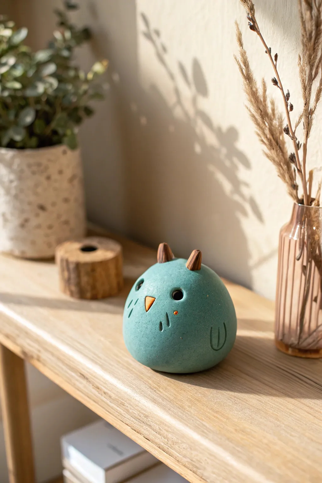 Cute creature clay whistle in bold teal on pale oak shelf, minimalist boho pottery decor.