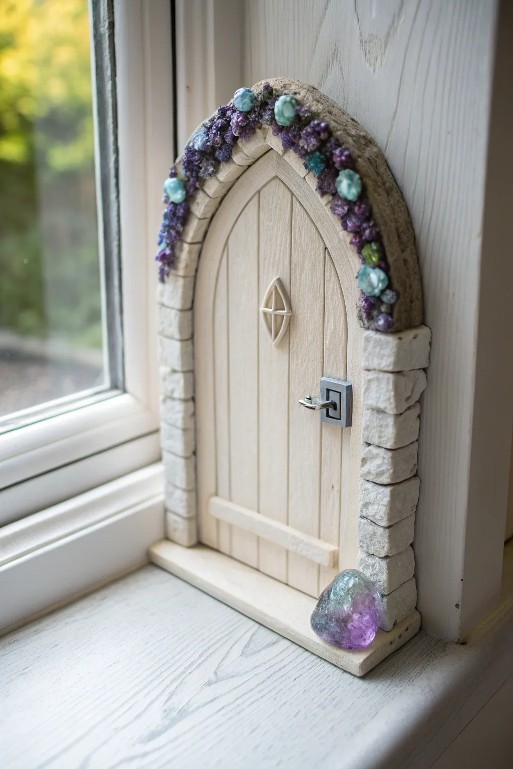 Minimal fairy door with iridescent clay crystal handle, a bold boho sparkle in soft neutrals.