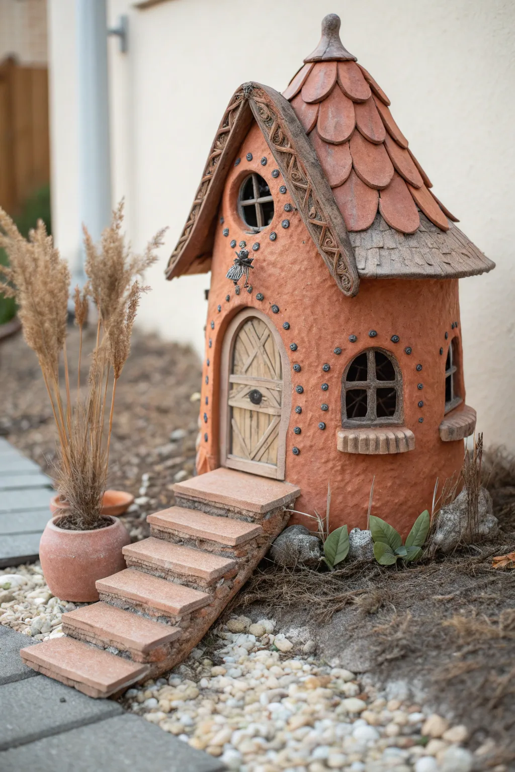 Clay fairy house with tiny stone-textured stairs, minimalist boho charm in bold colors