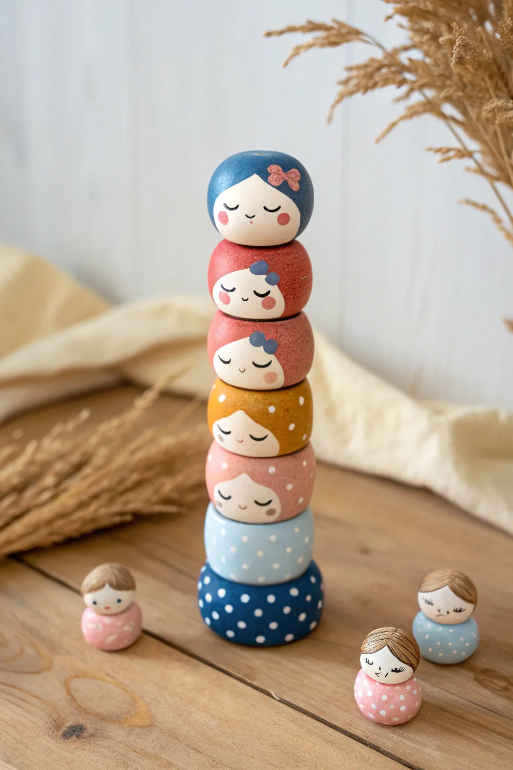 Stackable capsule clay figures with playful faces, a quick-to-make collectible set.