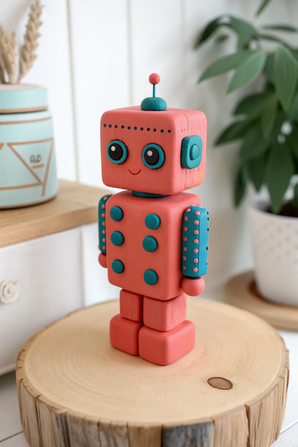 Cute blocky clay robot with button details and big eyes, a simple kid-friendly figure idea