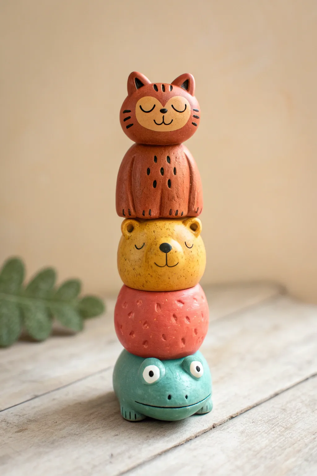 Cute stacked clay animal totem idea: three simple mini figurines in bold cozy colors