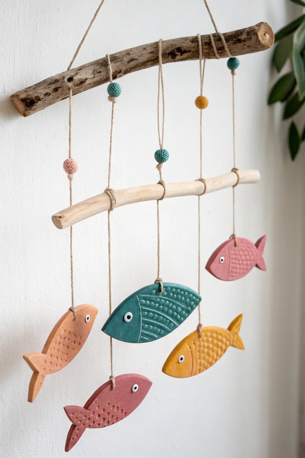 Handmade clay fish mobile in bold coastal colors, minimalist boho decor for any wall.
