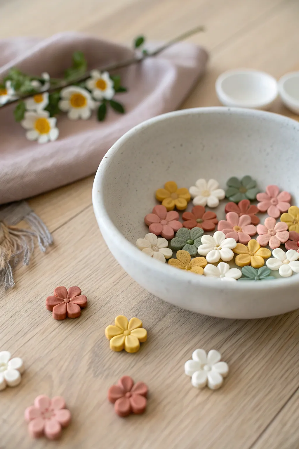 Sweet clay flower bowl fillers in a modern boho palette, perfect for table scatter and decor.