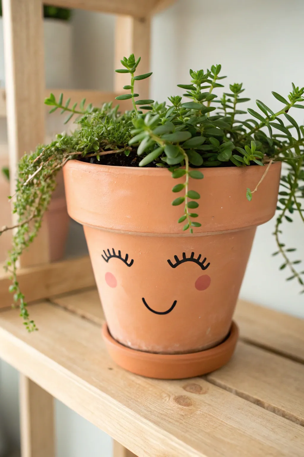 Cute terracotta face planter with leafy hair, warm minimal shelf styling, bold cozy contrast.