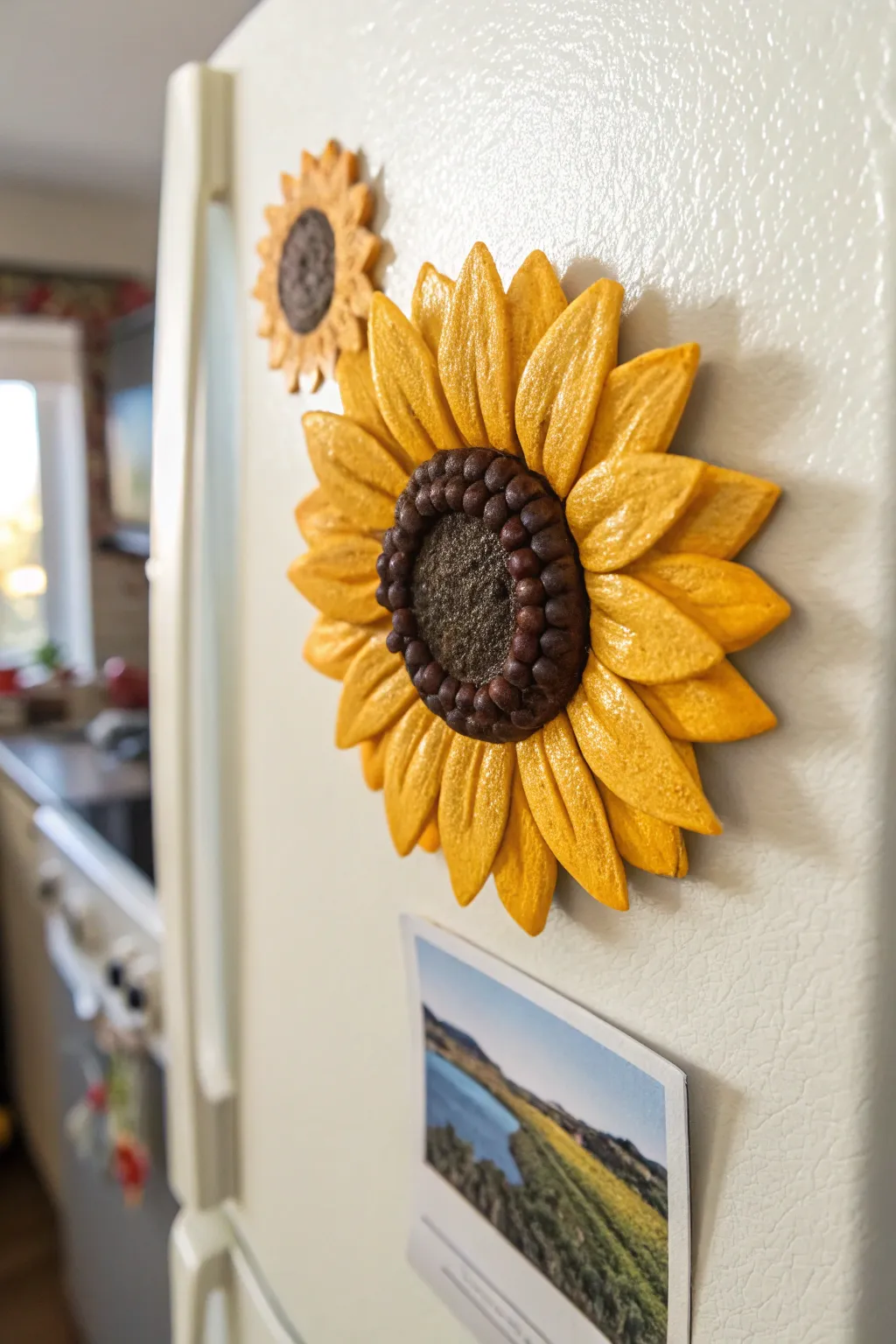 Sunny sunflower clay magnet with a tiny photo, bold color meets minimalist Scandinavian fridge style