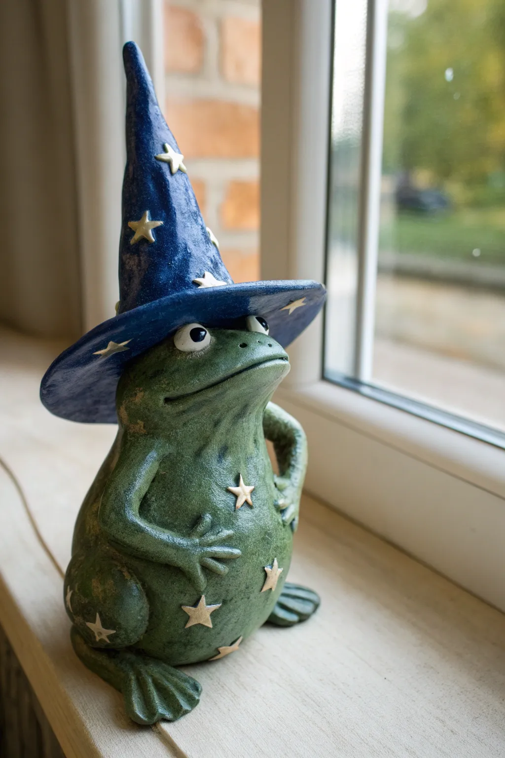 Whimsical wizard-hat clay frog in bold colors, a simple magical accent for handmade décor