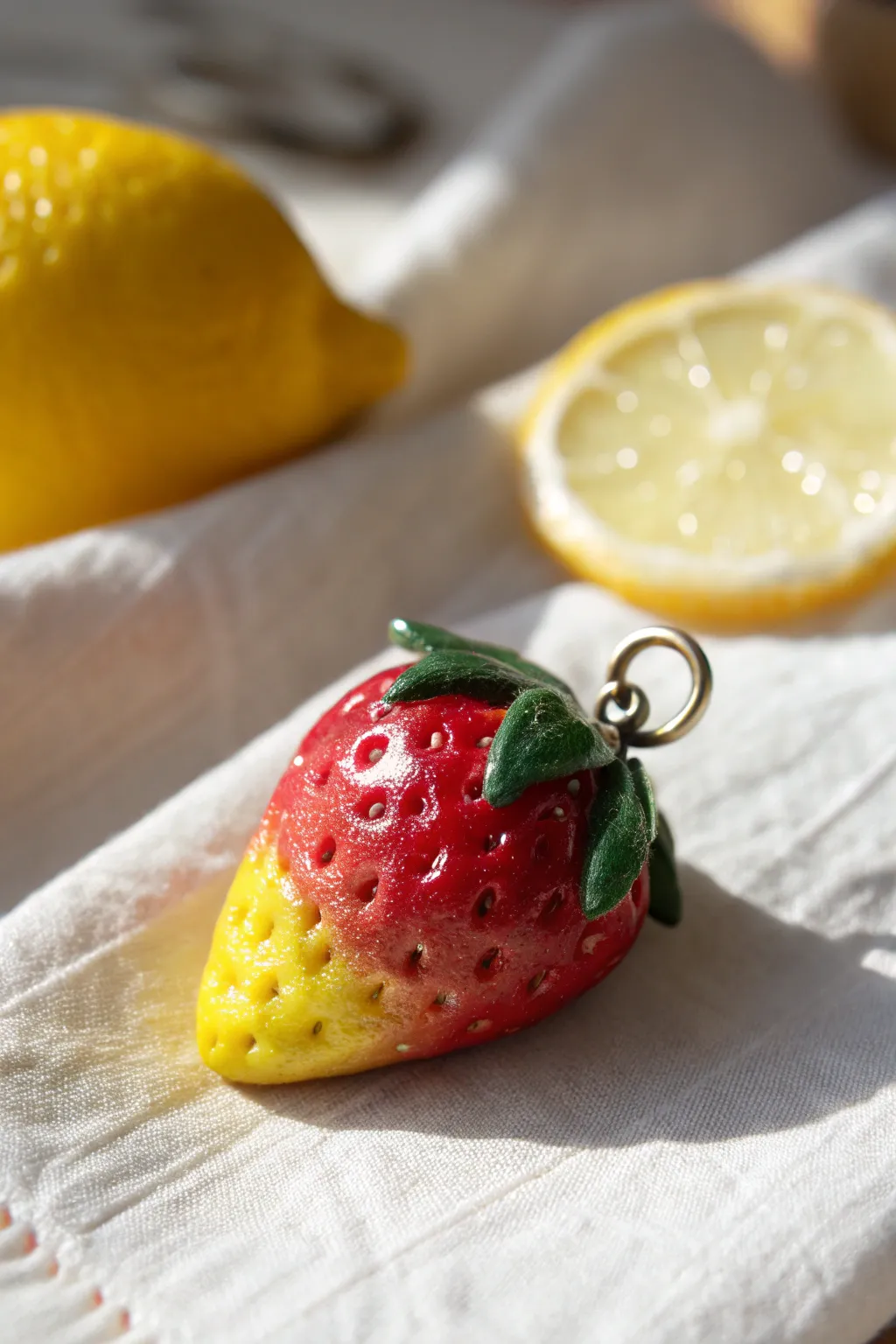Surreal lemon-strawberry clay charm in bold colors, perfect for wow-factor fruit mashups.