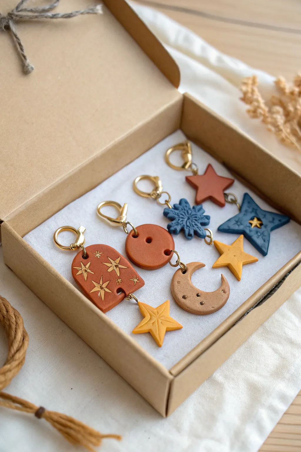 A curated clay charm set in bold earthy tones, perfect for necklaces, zippers, or bag tags.