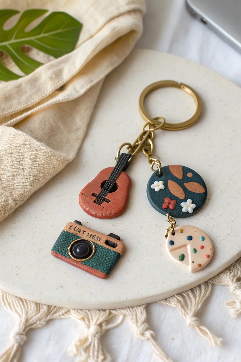 Minimalist polymer clay hobby token charms on a brass keyring, a thoughtful gift for him.