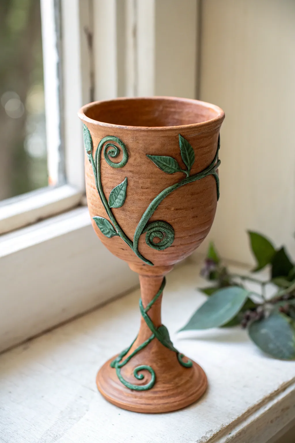 Vine-wrapped clay goblet with leaf sprigs, bold glaze contrast and calm Scandinavian boho styling
