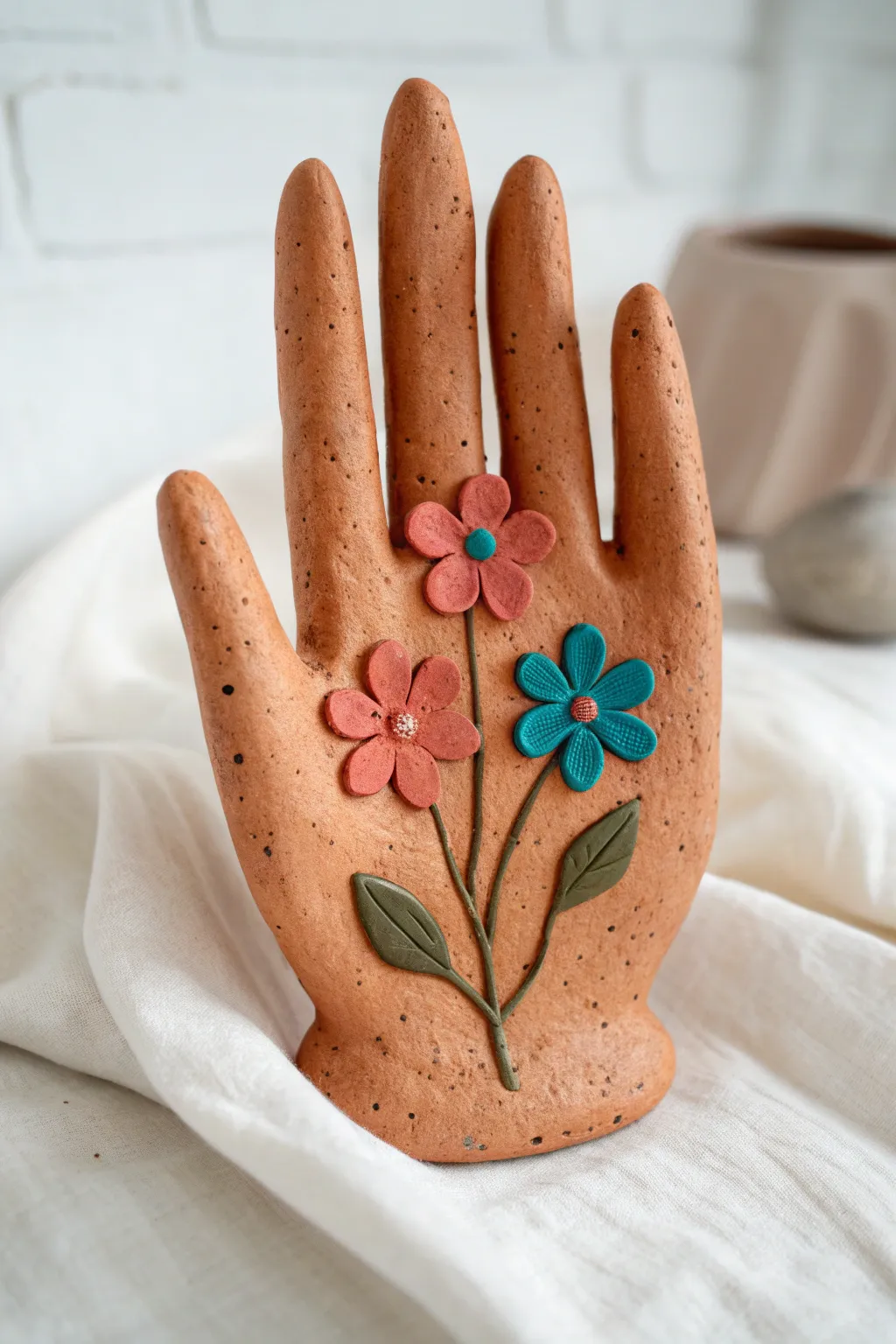 A terracotta clay hand with simple bright blooms in the palm, minimalist boho and beginner-friendly.