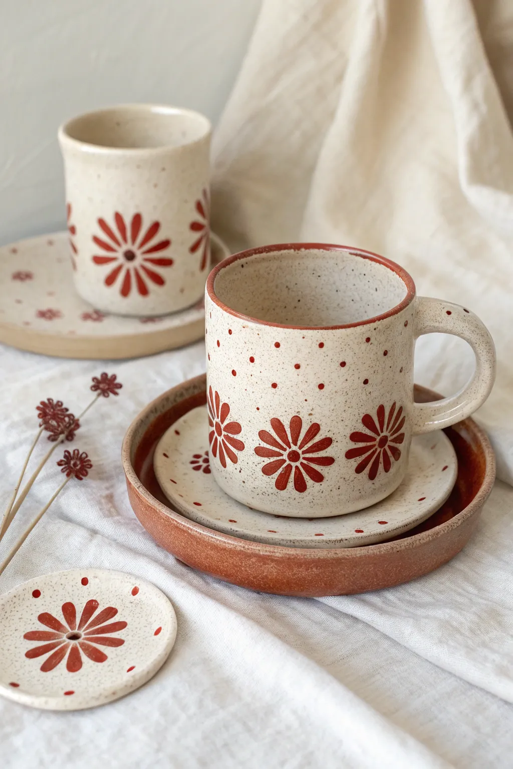 Simple appliqué flowers and dots add bold texture to an easy, handmade mug and plate set.