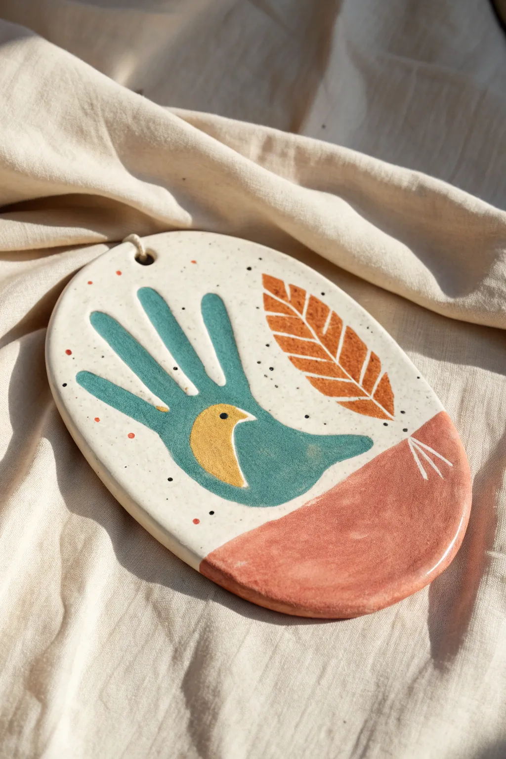 Minimal handprint bird plaque with finger feathers in bold boho colors, simple and craft friendly