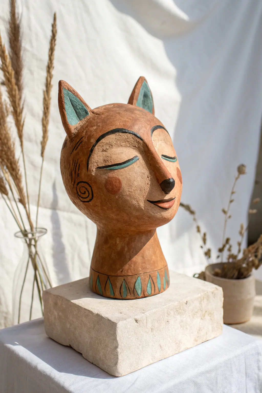 Friendly animal-human hybrid clay head in terracotta with teal accents, minimal Scandi boho style