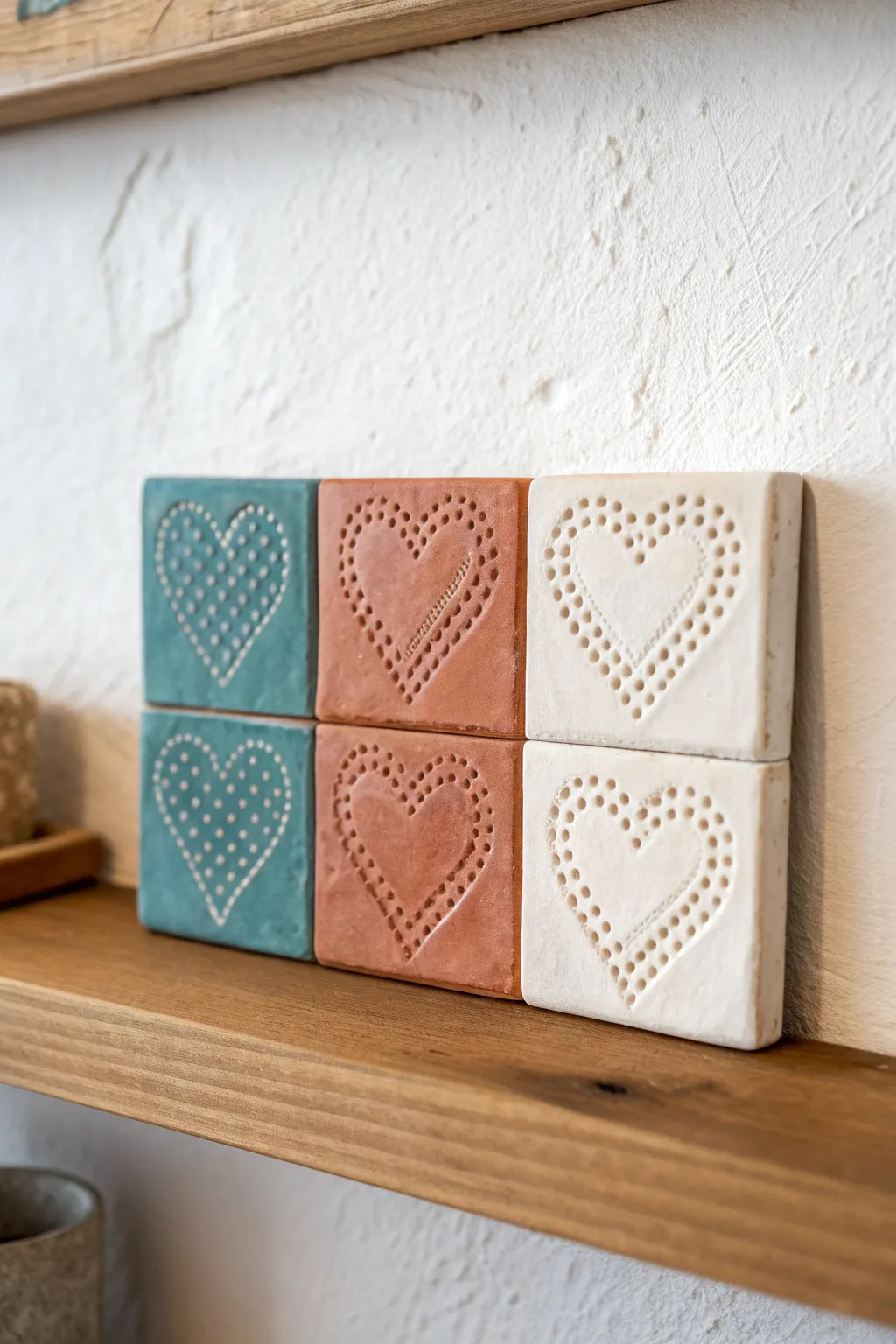 Three textured heart tiles in bold earthy tones, a simple DIY clay wall set with cozy boho charm