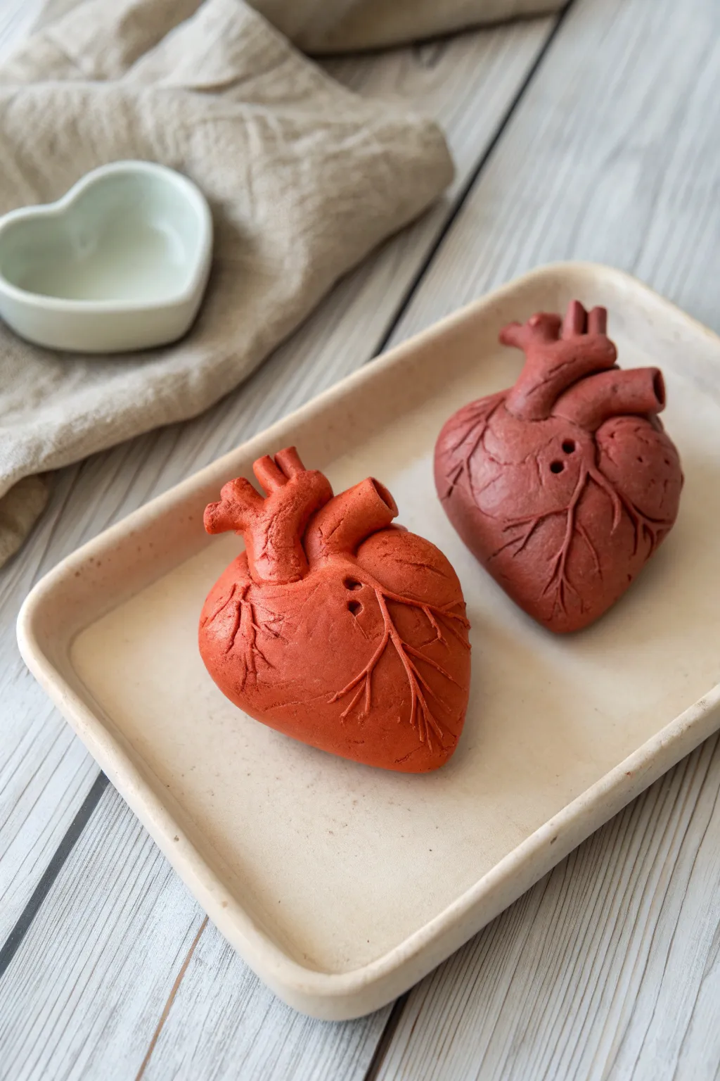 Two simple clay hearts reveal healthy vs. blocked artery paths in a clean, modern display.
