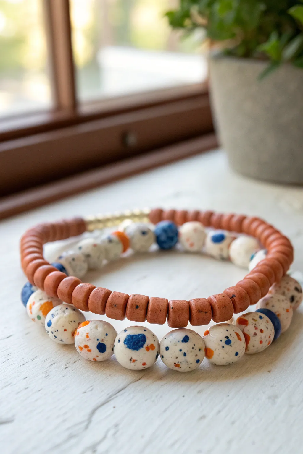 Terrazzo confetti heishi bracelet with a solid strand for a bold, minimalist texture contrast