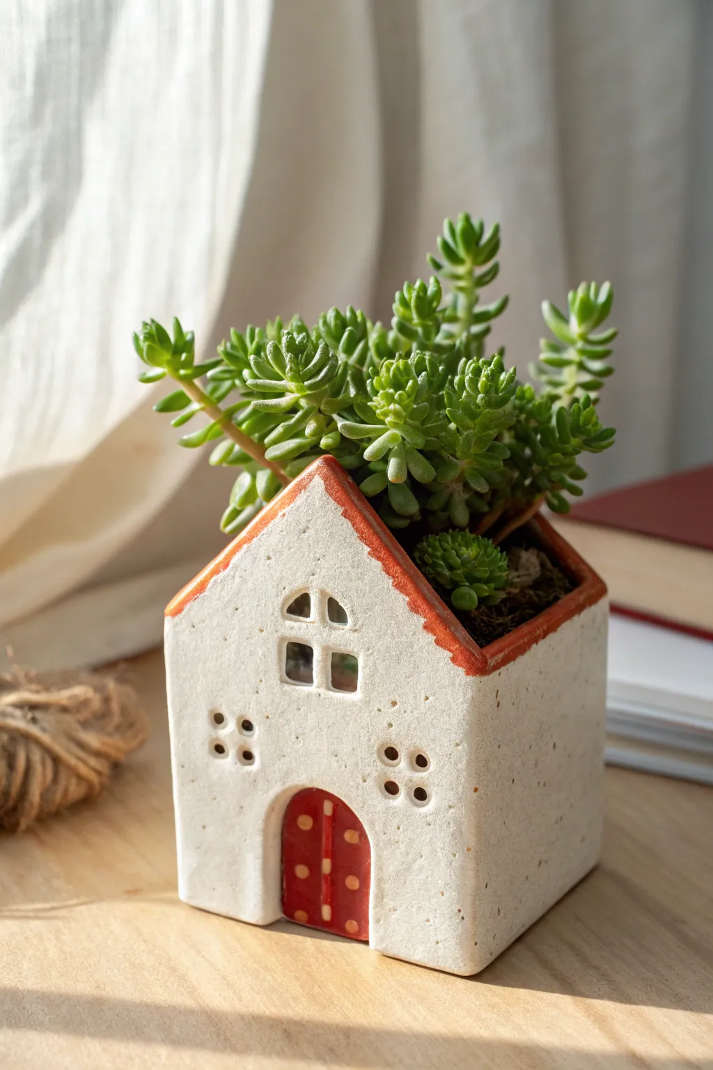 Tiny clay house planter topped with a succulent roof, simple, cozy, and perfect for a mini garden nook.