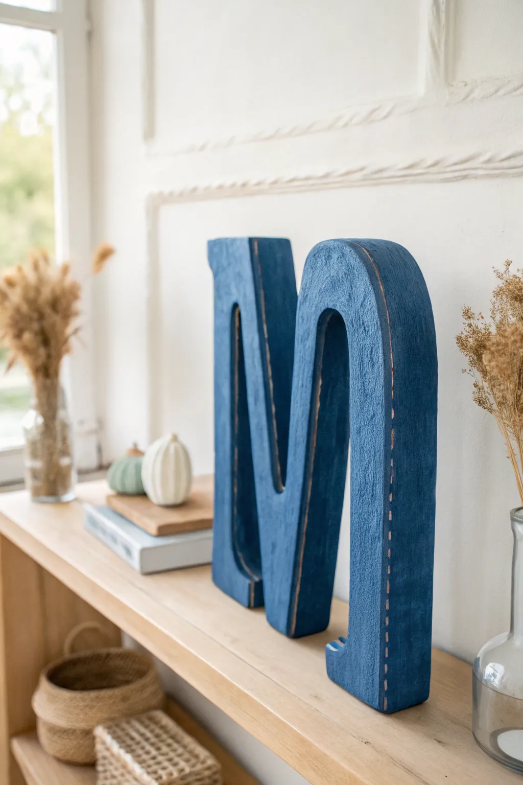 Oversized clay monogram sculpture in bold matte blue, minimal shelf styling, cozy boho vibe.