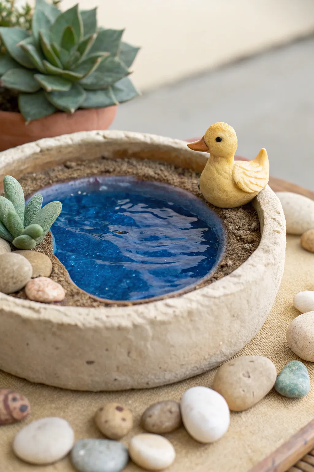 Mini clay pond diorama with a sunny duck, bold blue water and smooth pebbles for calm vibes.