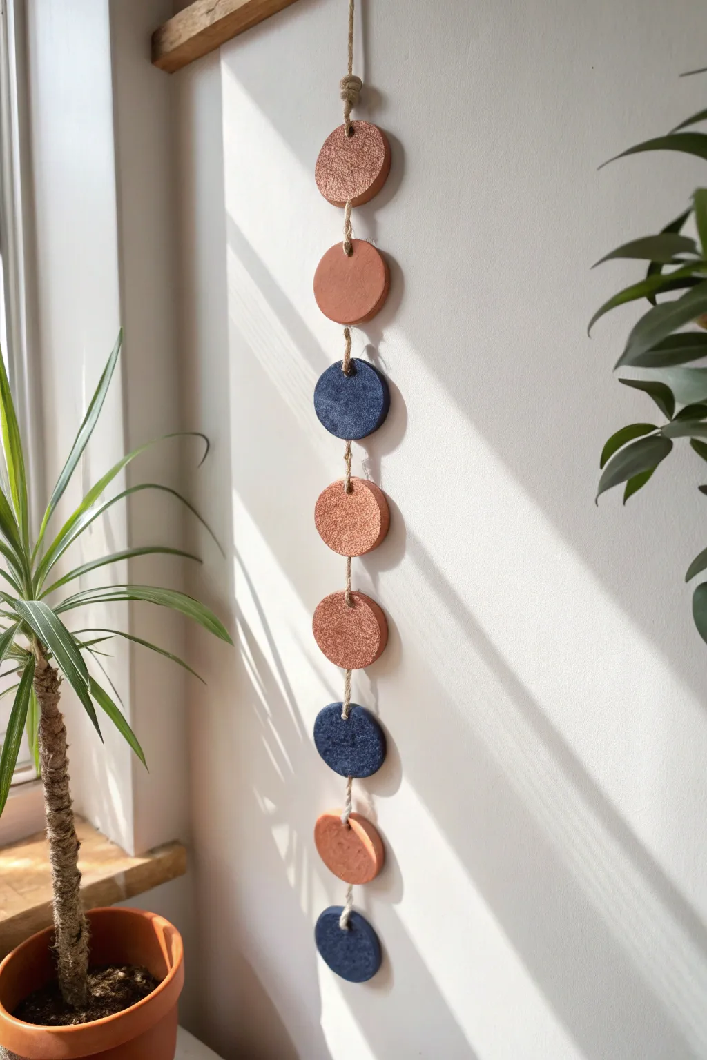 Handmade moon phase wall hanging with textured clay discs, minimal Scandinavian style with boho warmth