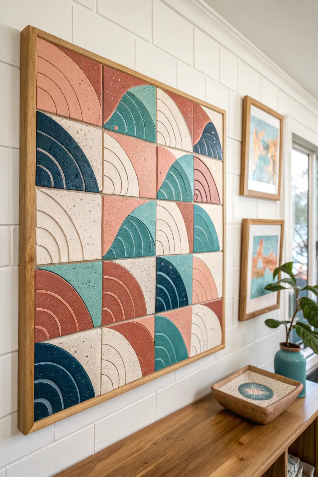 A colorful class-made tile mural where every unique square joins a calm Scandinavian wave.