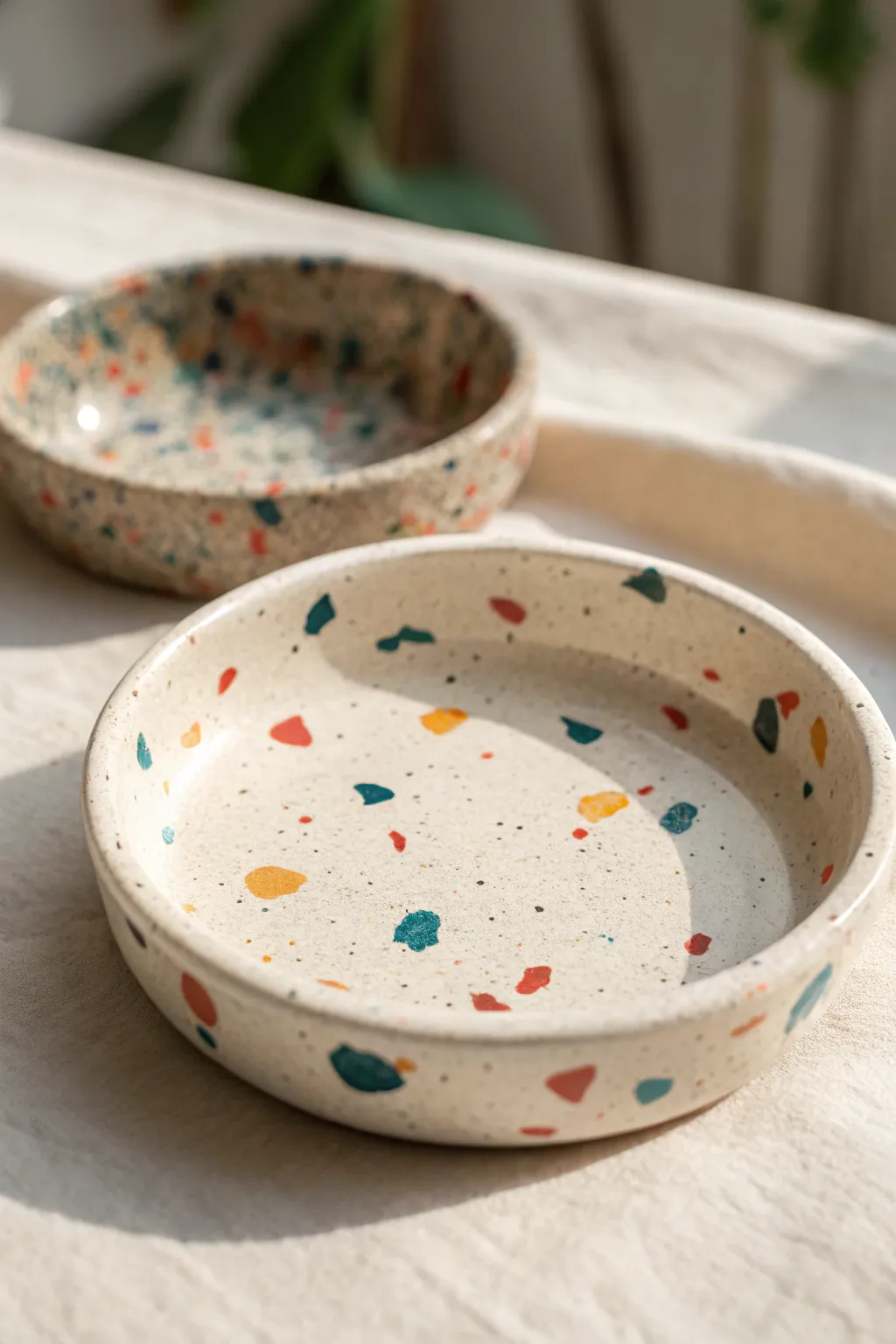 Terrazzo speckled catchall dish in bold colors, a beginner friendly clay idea to customize.