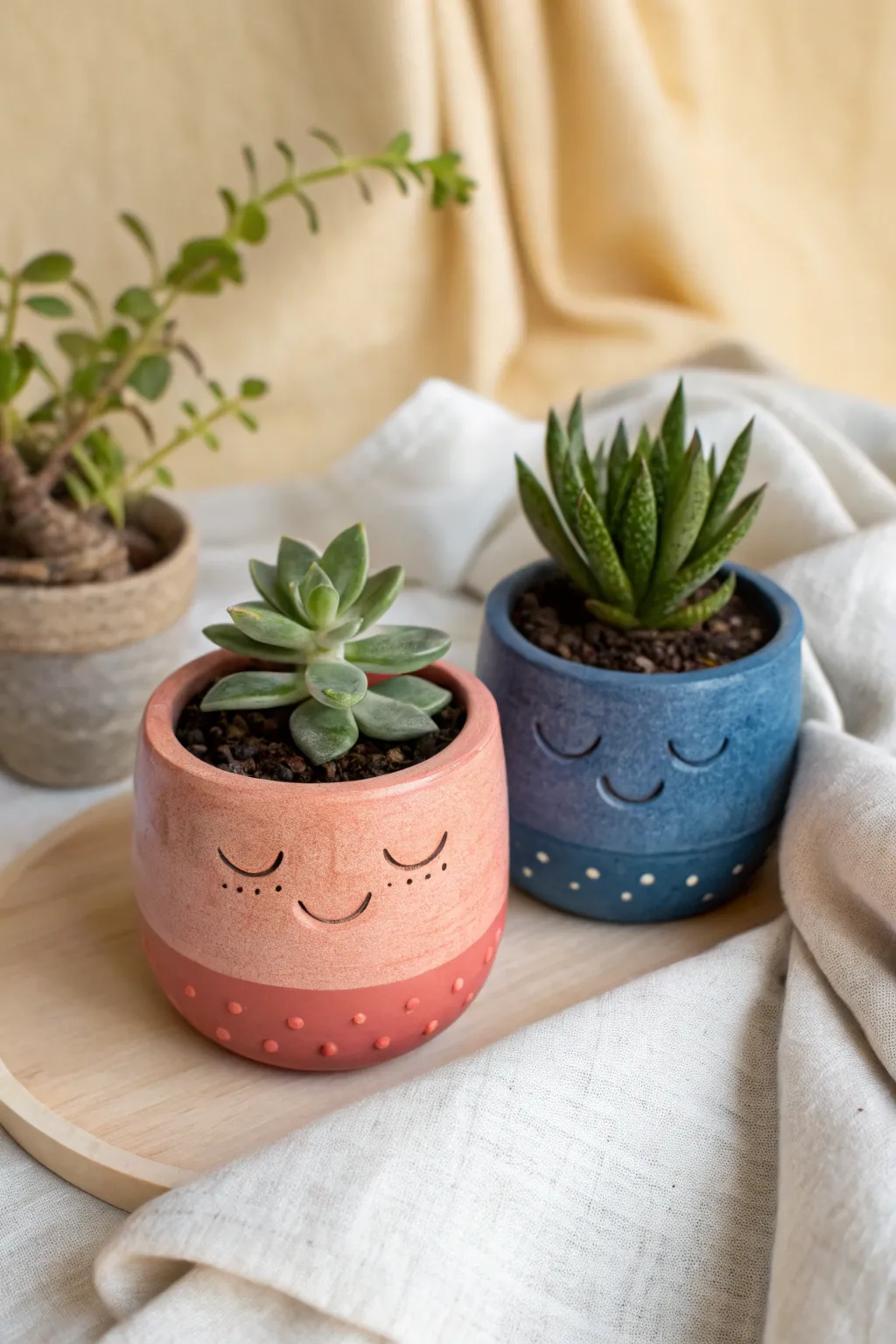 Bestie mini planters with sweet faces and tiny greens, a cozy friendship gift in bold boho hues