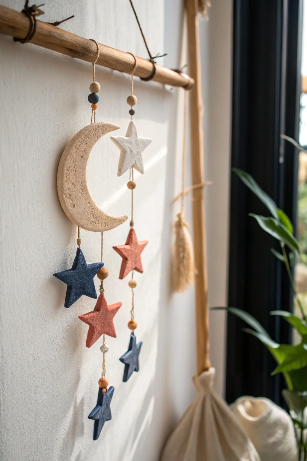 Dreamy moon-and-stars clay wall hanging in cream, blush, and terracotta with bold contrast
