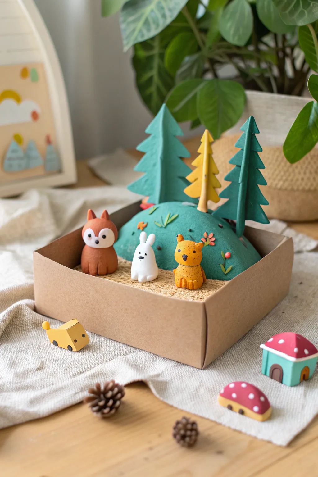 Palm-sized clay critters in a tiny cardboard landscape, ready for kids small-world play.