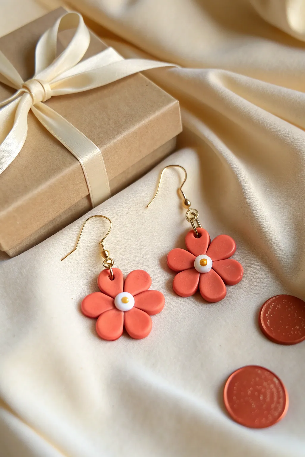 Bold coral clay floral earrings beside a tiny gift box, minimalist, handmade, and mom-ready.