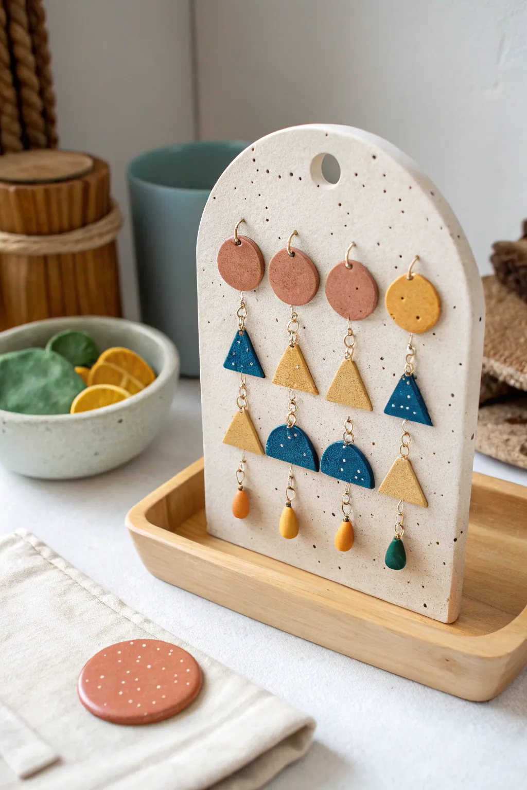 Simple ceramic earring stand idea teens can make, styled minimal with bold color pops