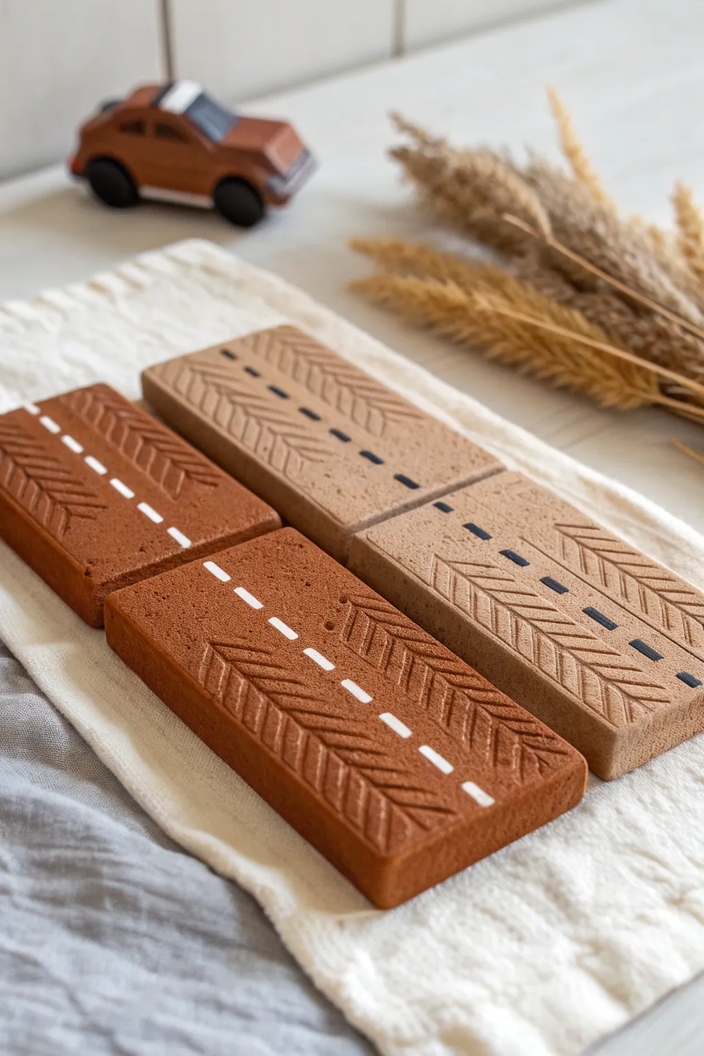 Two clay road slabs with tire tracks and painted lanes, a simple toddler car-track play idea