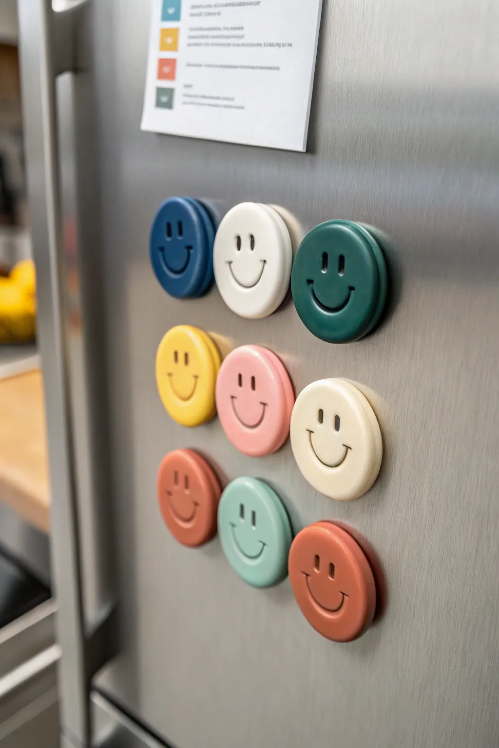 Happy face clay fridge magnets in bold modern colors, a quick cheerful DIY to copy.