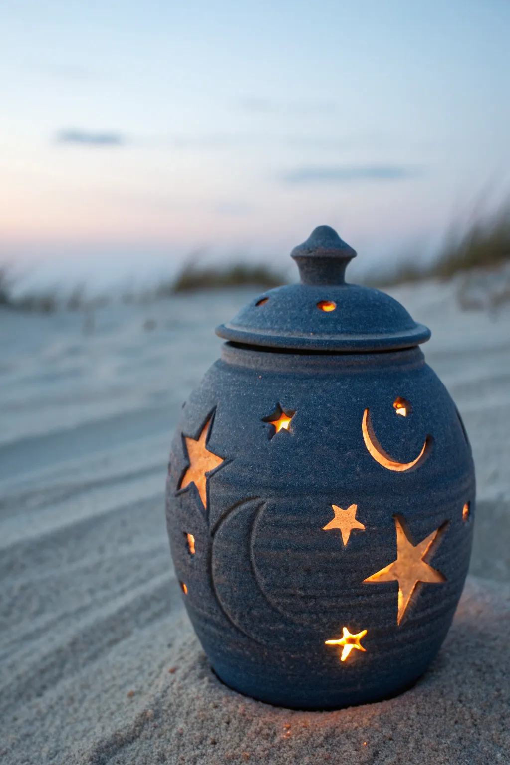 Deep indigo moon-and-stars jar glowing at twilight, simple handmade magic for your shelf.