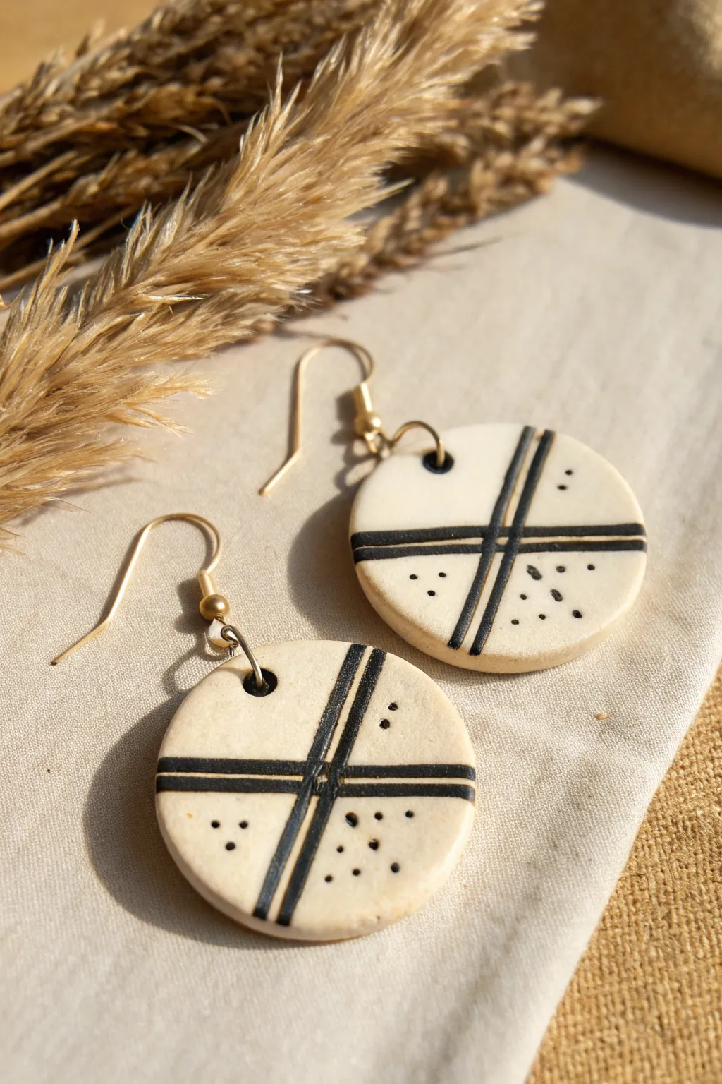 Minimalist clay dangles with bold contrast inlay for a crisp, modern handmade look