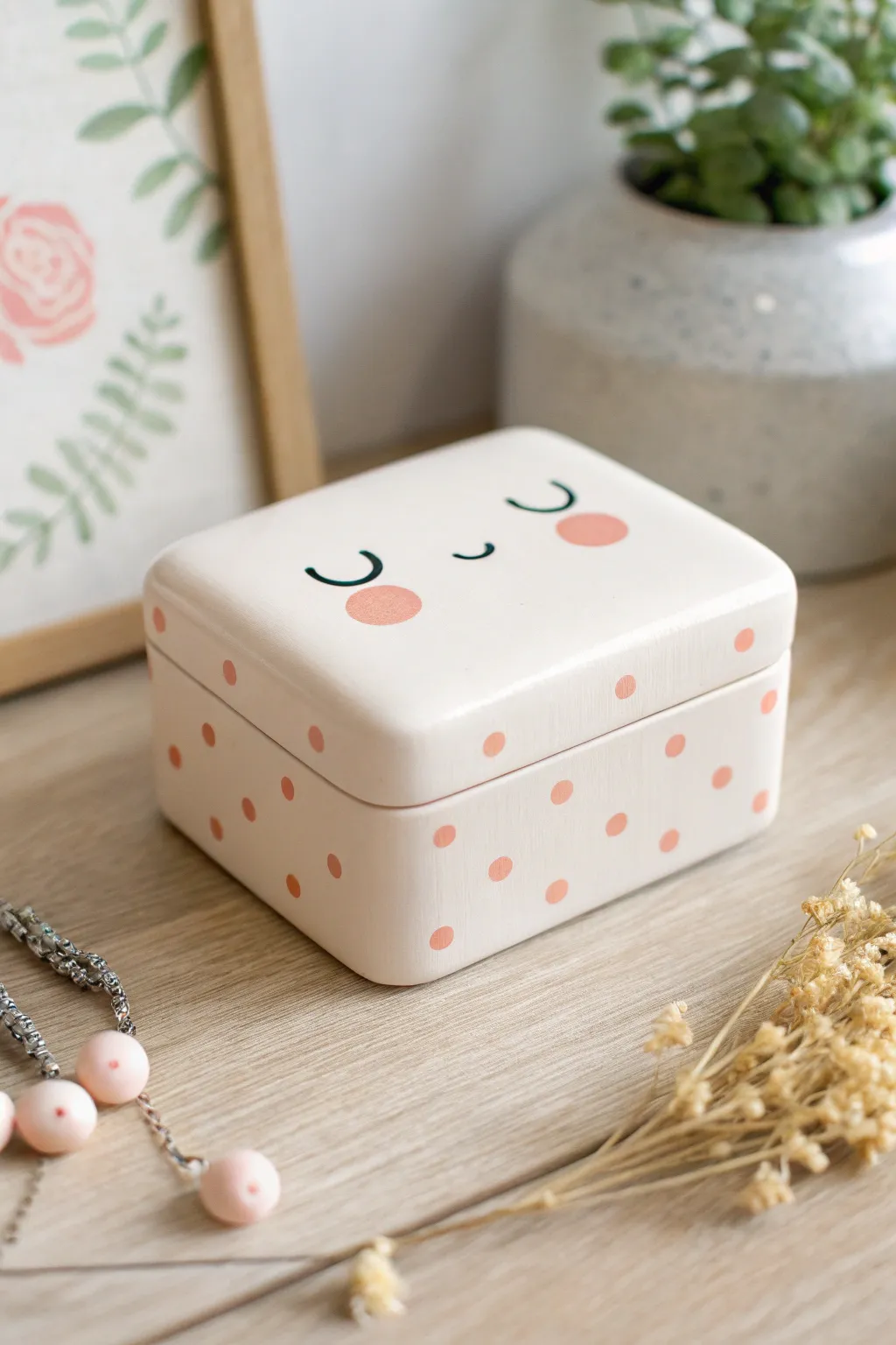 Sweet pastel kawaii face jewelry box in polymer clay, minimal and boho-chic for your vanity.