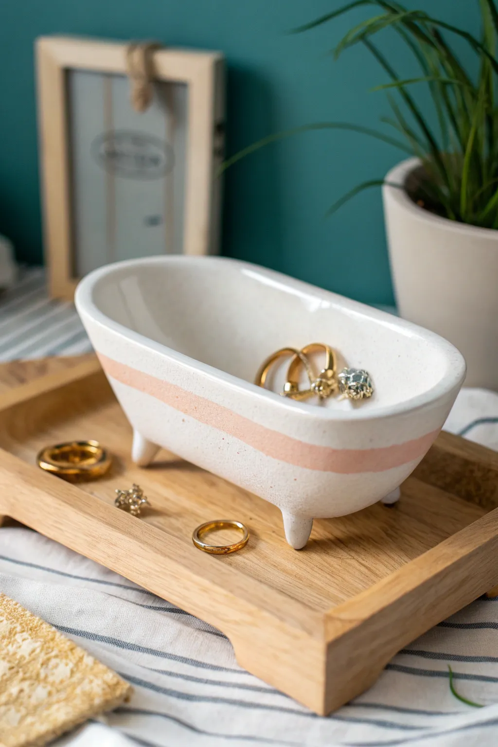 Tiny clay bathtub ring tub in soft white with a pastel stripe, keeping rings safe in style.
